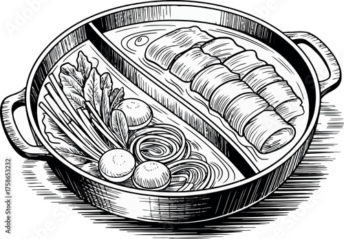 This monochrome engraving features a hot pot split into two compartments, filled with different ingredients.