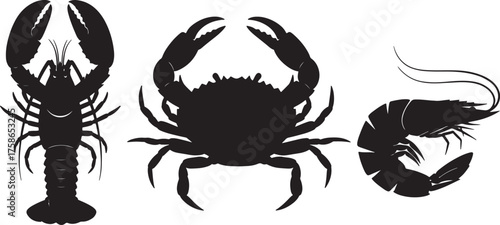 Black Silhouette Seafood Collection Lobster Crab Shrimp Isolated on White Background shellfish on transparent background