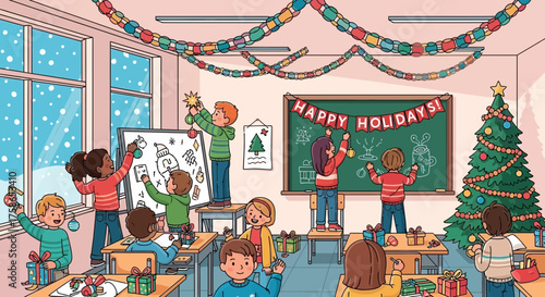 Festive classroom scene with children decorating for the holidays illustration
