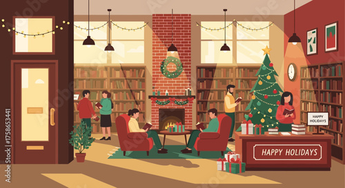 Festive library scene with readers enjoying the holidays around a christmas tree