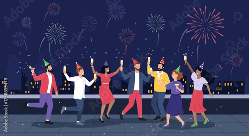 Festive rooftop party celebration with diverse group of friends enjoying new year eve with fireworks