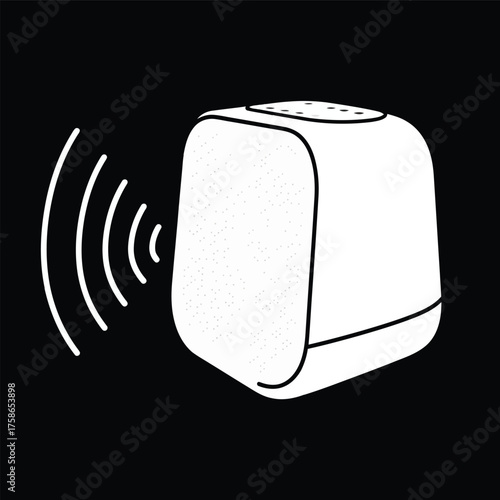 A simple line drawing of a white cube-shaped speaker emitting sound waves. The illustration is on a solid black background.