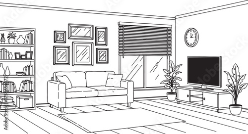 Line Drawing of a Cozy Living Room Interior with Sofa, Bookshelf, TV, and Window sketch line art on transparent background