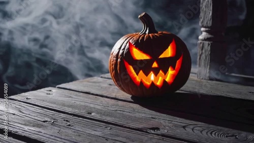 An orange jack-o'-lantern with an evil smile is a scary Halloween decoration on a dark wooden table