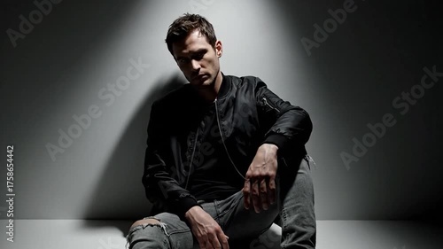 Man Sitting in Dramatic Spotlight.