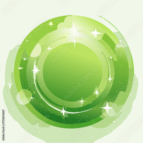 Green abstract background with glowing spheres and light particles. Stars and circles of energy. Green light effects and magical sparkles.