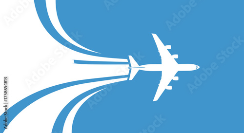 Vector art of white airplane silhouette flying through a blue sky with white abstract trails, symbolizing travel and freedom