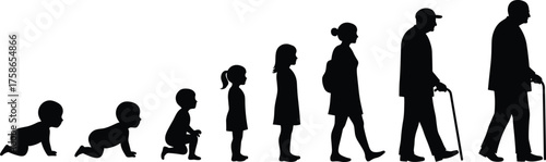Human life stages silhouette, baby to elderly man, aging timeline, male and female development, generational growth, vector illustration, black figures, isolated concept