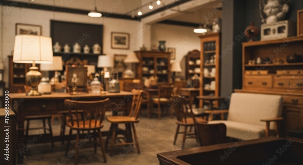 Fototapeta premium Interior of antique shop with various furniture and decorative items, blurred
