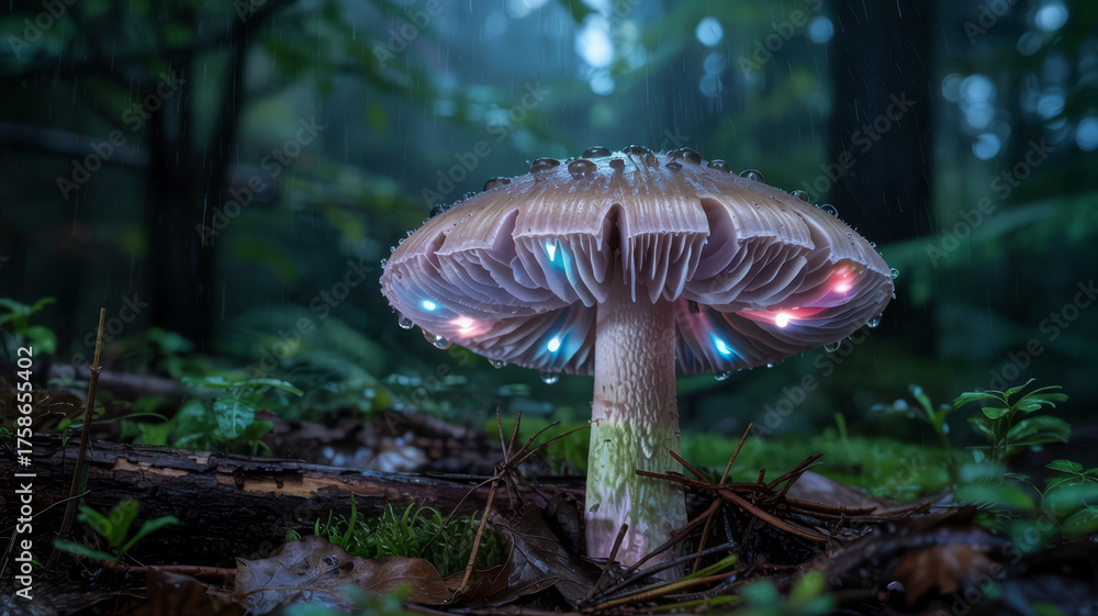 Fototapeta premium Illuminated mushroom cap glows with magical colors in a rainy enchanted forest.
