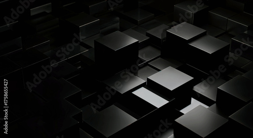 3D Grid of Black Cubes with Subtle Reflections and Shadows for Abstract Geometry, Depth, and Minimalist Texture
