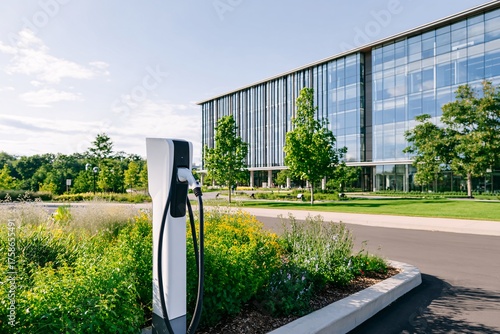 Electric vehicle charging station located near a modern office building