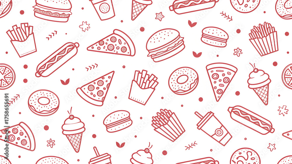 Fast food seamless pattern with vector line icons of hamburger, pizza, hot dog, beverage, cheeseburger. Restaurant menu background, tasty unhealthy lunch Fast food seamless pattern with vector line icons of hamburger, pizza, hot dog, beverage, cheeseburger. Restaurant menu background, tasty unhealthy lunch