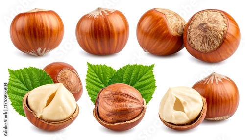 Several hazelnuts are displayed, some whole and others partially opened, with green leaves on a white background. The nuts are fresh and brown, showcasing their texture