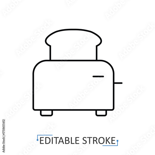 A kitchen toaster icon in a minimalist line style with editable stroke. Home appliance, breakfast food preparation, electric household equipment, hot bread toast, morning meal.