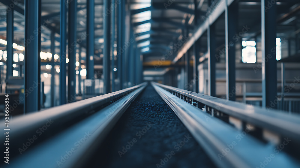Fototapeta premium Inside an industrial complex, a conveyor belt stretches towards the distant back. The architecture is defined by metal beams and the space appears cavernous and industrial.