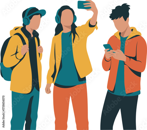 This image portrays three young individuals, each occupied with their smartphones.