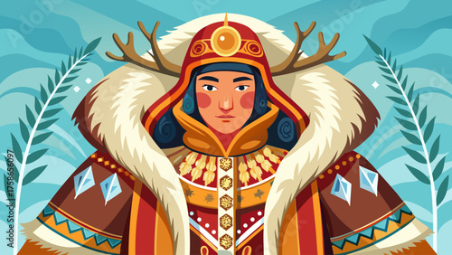 Very beautiful traditional clothing of the indigenous peoples of the north, featuring a richly decorated coat made of deer fur with intricate national patterns, showcasing craftsmanship, cultural 