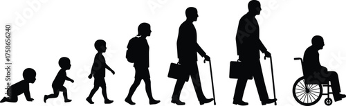 Human life stages silhouette, baby to elderly, aging timeline, male development, generational growth, vector illustration, black figures, isolated concept, progression