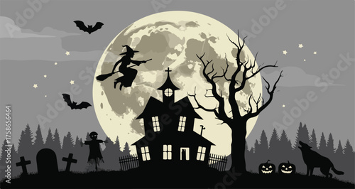 A halloween scene with a witch and haunted house