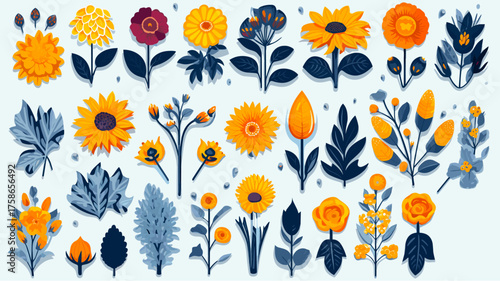 Large vector set of modern floral elements and leaves. High contrast flat design: intense yellow/orange flowers against deep blue/gray foliage. Stylized botanical illustration for graphic projects
