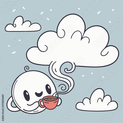 Cloud Character Sipping Coffee A Cozy Cartoon Illustration with Clouds