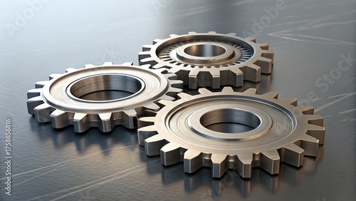 Three metal gears interlocked on a metallic surface, representing collaboration, mechanical processes, and the intricacies of industrial design