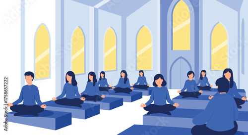 People Meditating Together in a Serene Spiritual Building Practice
