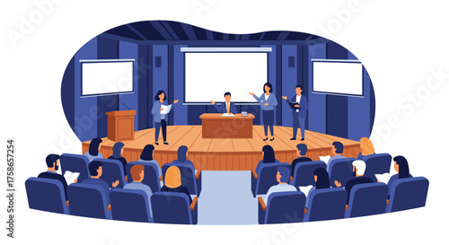 Professional Conference Presentation and Audience Discussion in a Modern Auditorium