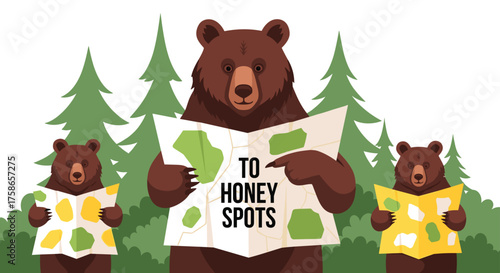 Three Bears Following a Map to Find Delicious Honey Spots in the Forest