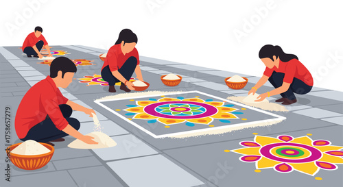 People Create Colorful Rangoli Designs on Paved Street During Festival Celebration