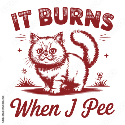Funny cat quote it burns when i pee cute animal humor sarcastic vintage cartoon vector design for t shirt print