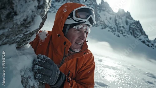 A skier in an orange jacket peers out from behind ice in the mountains. White goggles and snowy face