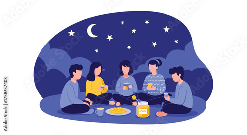 Friends Enjoying a Sweet Evening Under the Stars Sharing Honey Treats
