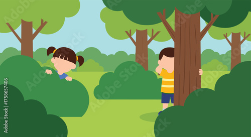 Children Playing Hide And Seek Game In A Lush Green Forest