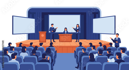 Audience watching speakers on stage during a presentation in a large auditorium with screens