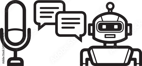 Voice assistant robot communication with speech bubbles and microphone technology in a minimalist design