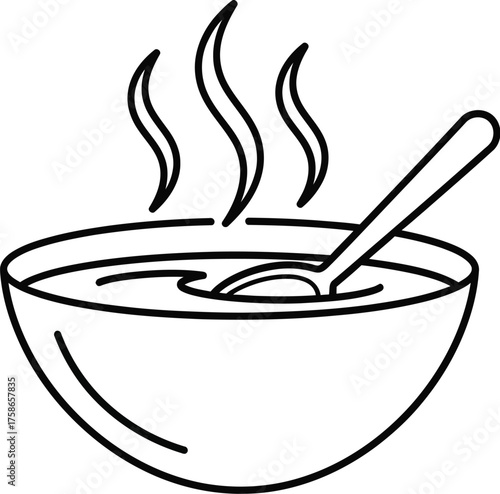 Soup bowl hot food meal lunch dinner spoon steam broth vector outline eat