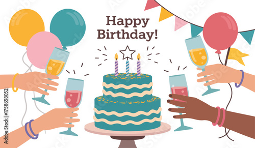 Birthday cake with drinks and balloons