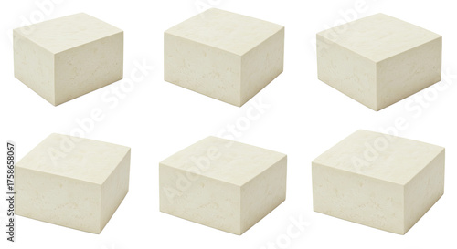 Set of six realistic light beige cubes isolated on white background, perfect for 3D design and texture modeling
