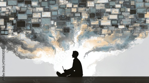 Silhouette with laptop among digital clouds and screens for technology and innovation concepts,Information Overload Day