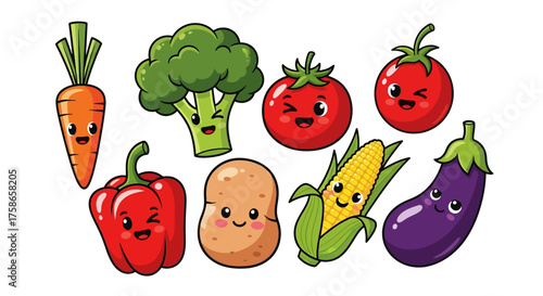 Collection of cute, cartoon vegetables with happy faces, including carrot, broccoli, tomato, potato, corn, and eggplant