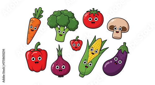 Adorable cartoon vegetables with smiling faces, a vibrant and healthy food collection ideal for children's designs and promoting nutritious eating habits