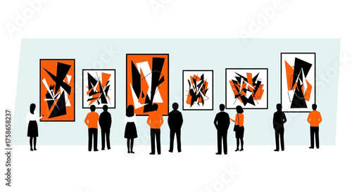 Diverse Abstract Art Exhibition Showcased on Gallery Walls with Silhouetted Figures Admiring the Pieces