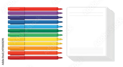 Vibrant spectrum of colorful art markers neatly arranged beside a pristine stack of blank white paper sheets, ready for creative projects and learning activities