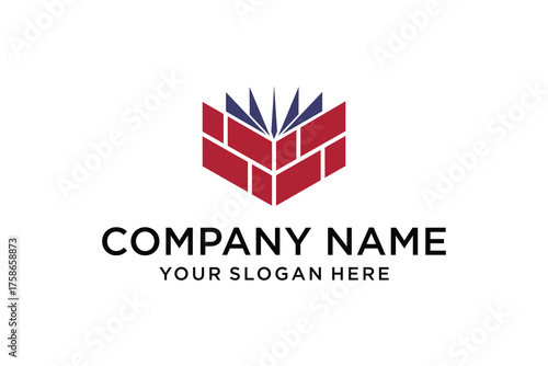 Building and Education Logo Design with Red Brick Wall and Blue Open Book Symbol