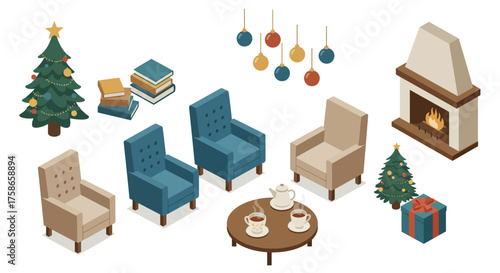 Cozy holiday living room scene with christmas tree, fireplace, and armchairs