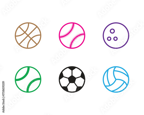 Sports Ball Icon Set – Colorful Vector Symbols for Basketball, Baseball, Bowling, Tennis, Soccer, and Volleyball Themes