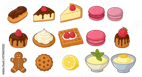 Assorted desserts collection with cakes, macarons, and lemon slices in a whim…
