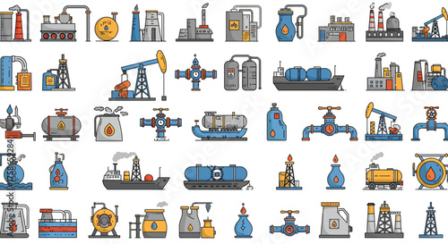 Industrial icons collection: energy and oil equipment in colorful outline style